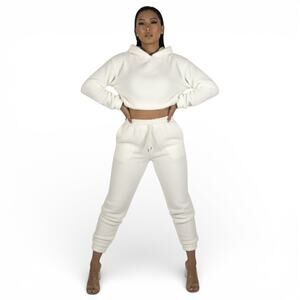 NWT Parisian Crop Sherpa Hoodie Jogger Set Womens 6 White Lounge Cozy Neutral